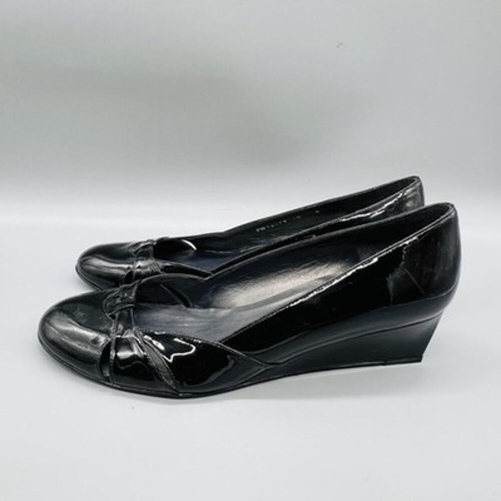 Stuart Weitzman Shoes Womens 10 Black Patent Leather Wedge Bow Pumps FW12479 - Picture 4 of 11